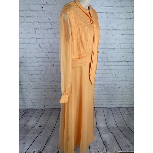 VTG Lee Jordan Orange Long High Neck Back Zip Lined Sheer Sleeve Dress M - Picture 2 of 12